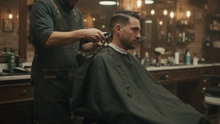 A barber trimming the side of a client's hair with clippers