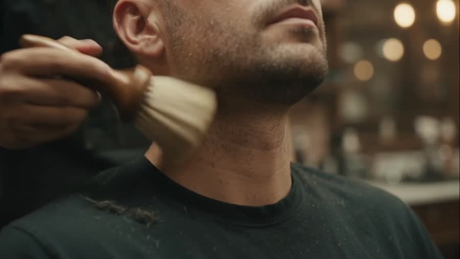Lather brush on a client's neck