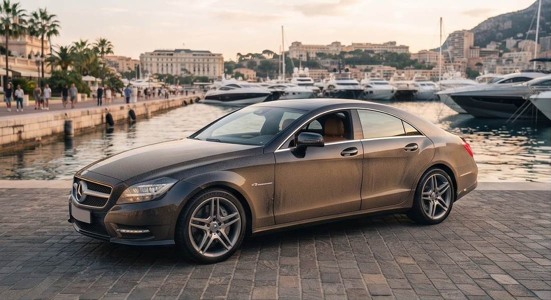 A dust-covered Mercedes CLS coupe parked on the Monaco waterfront