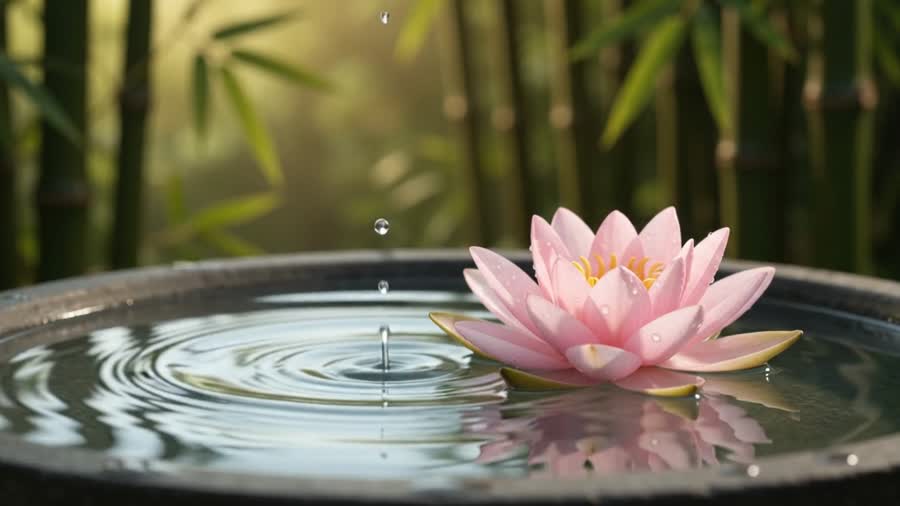 Bamboo fountain and white orchids beside a bowl of still water