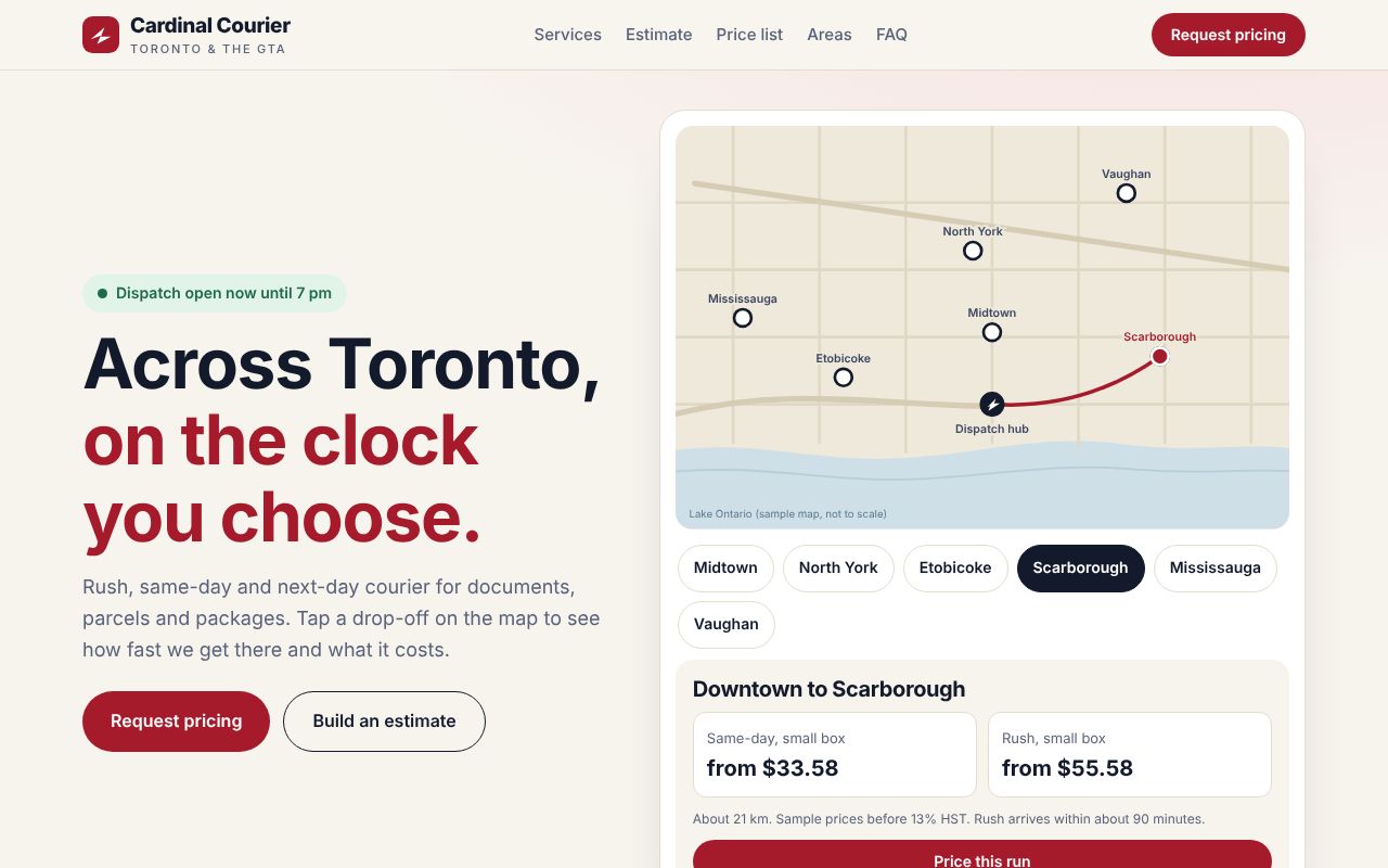 Cardinal Courier site with a drawn Toronto dispatch map, a courier route to Scarborough and sample prices