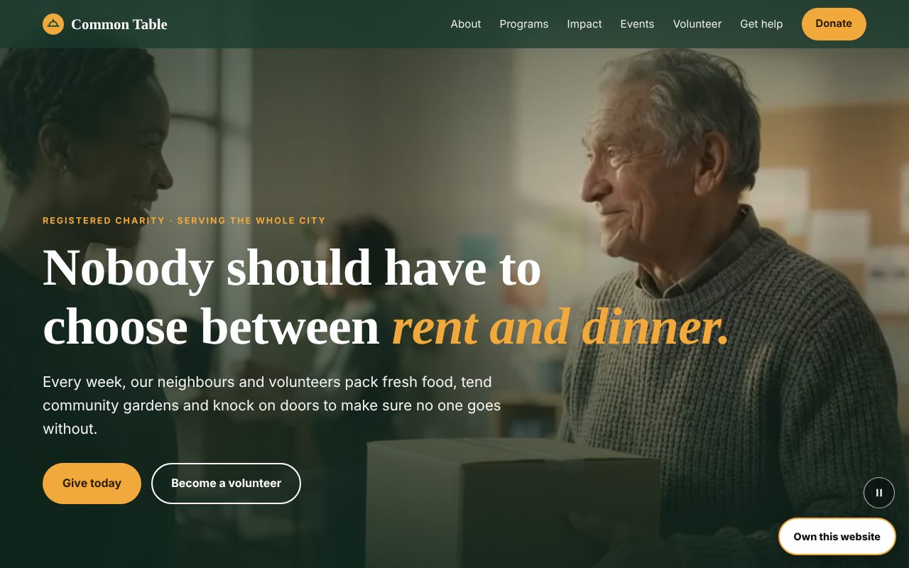Common Table charity site with a volunteer handing a food box to a neighbour
