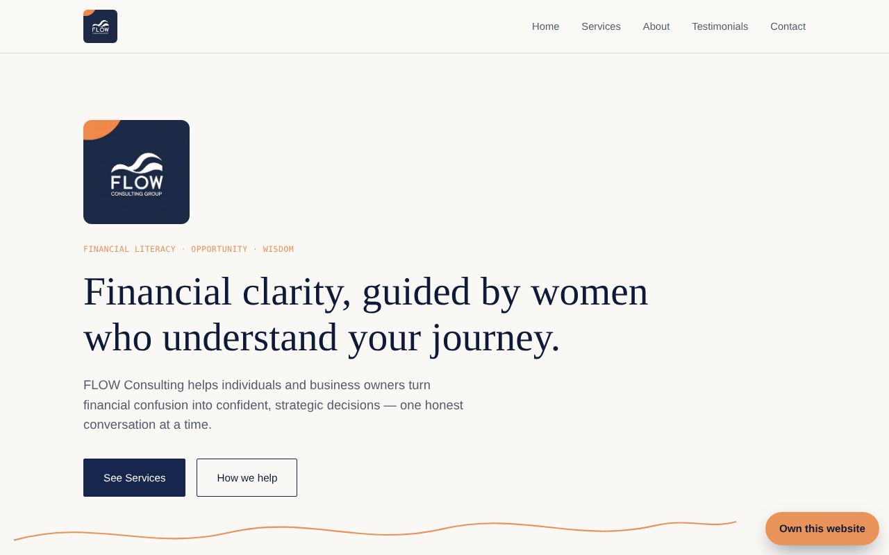FLOW Consulting Group site with a navy and orange logo, a flowing orange line and a Financial clarity headline