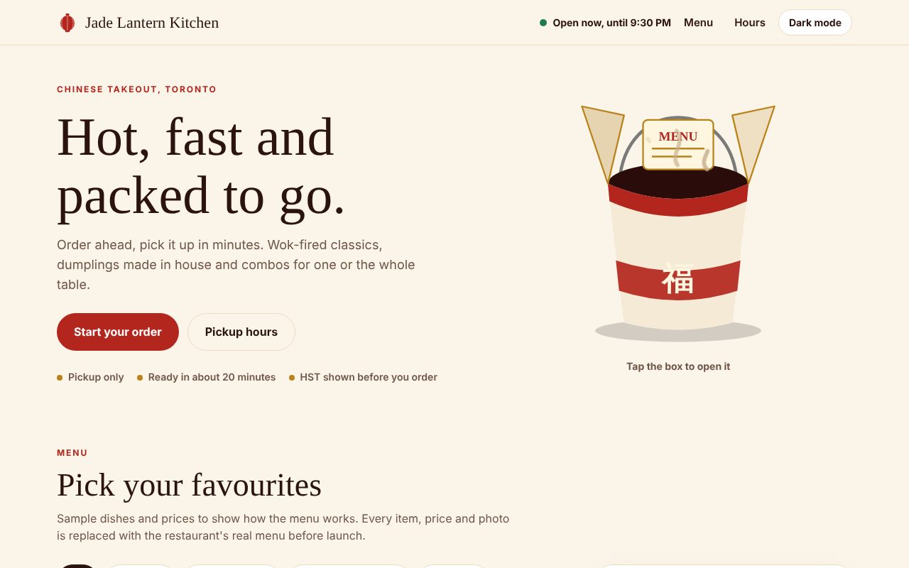 Jade Lantern Kitchen takeout site with a Chinese takeout box that opens to reveal the menu