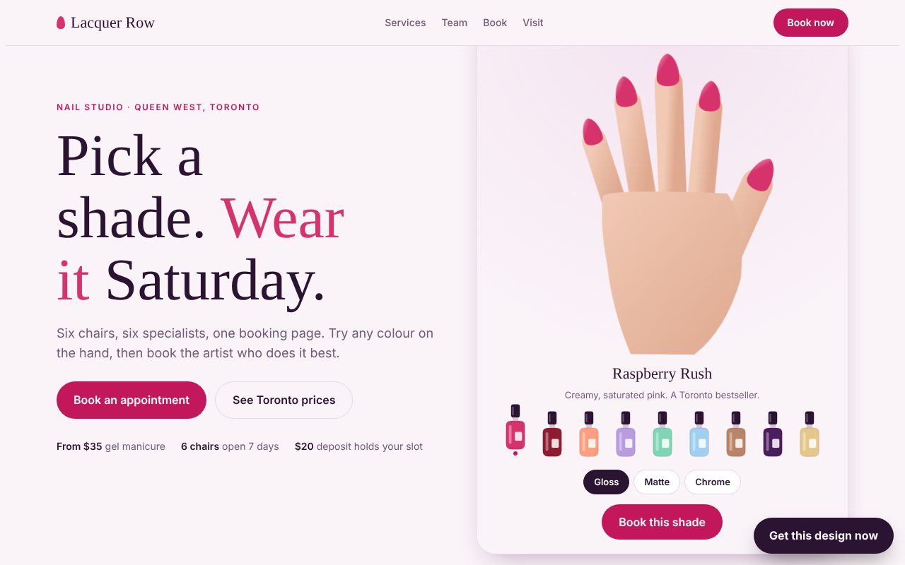 Lacquer Row nail salon site with a hand and a shelf of nail polish bottles