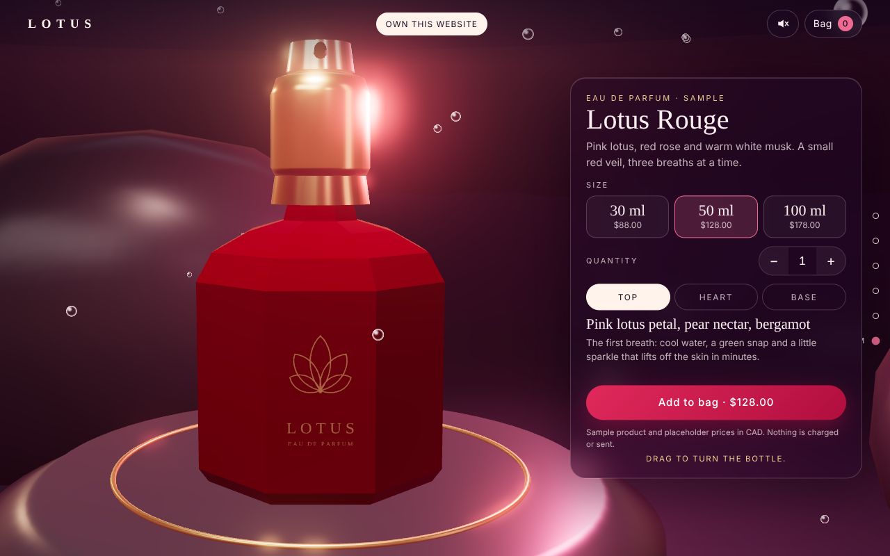 Lotus Perfume site with a ruby bottle on a stone plinth and a frosted-glass product panel