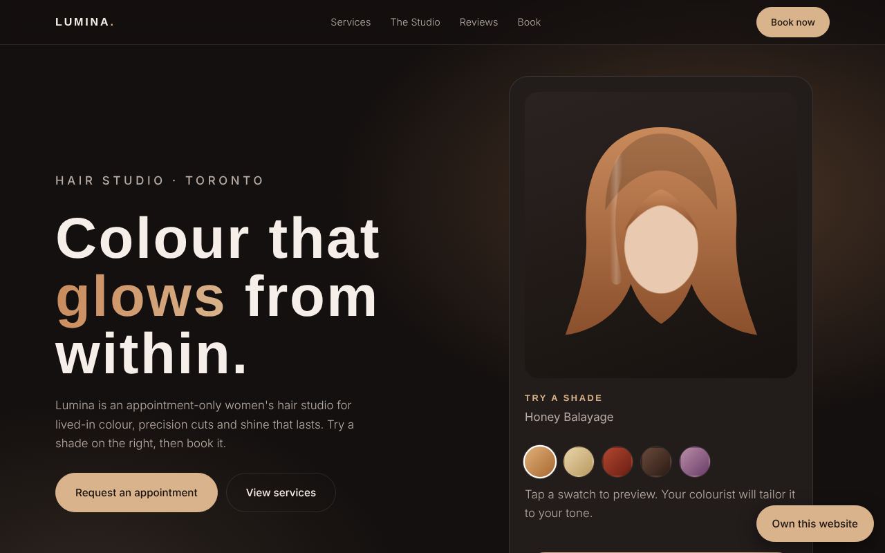 Lumina Hair Studio site with a hair shade picker
