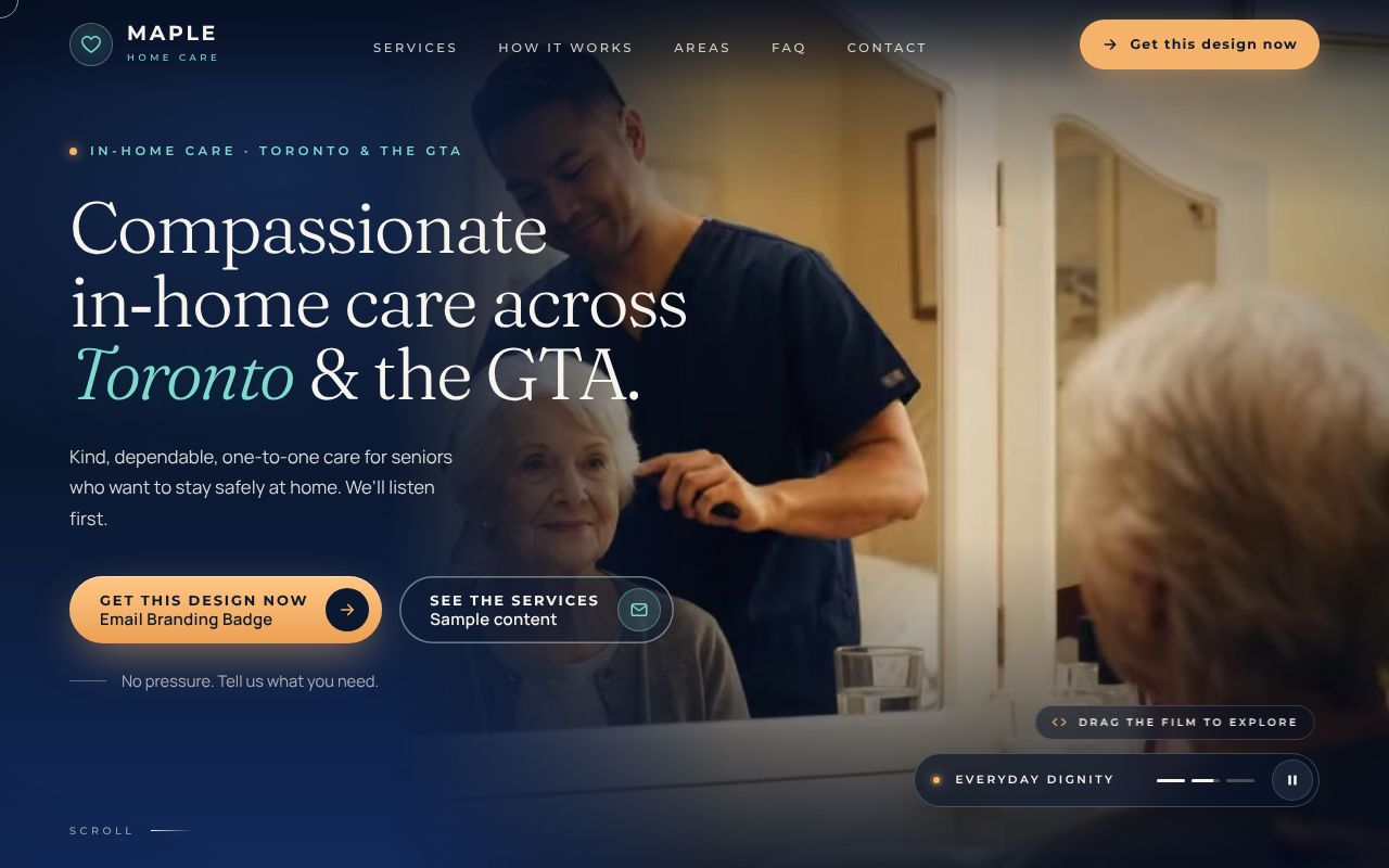 Maple Home Care site with a caregiver and an older woman at a mirror