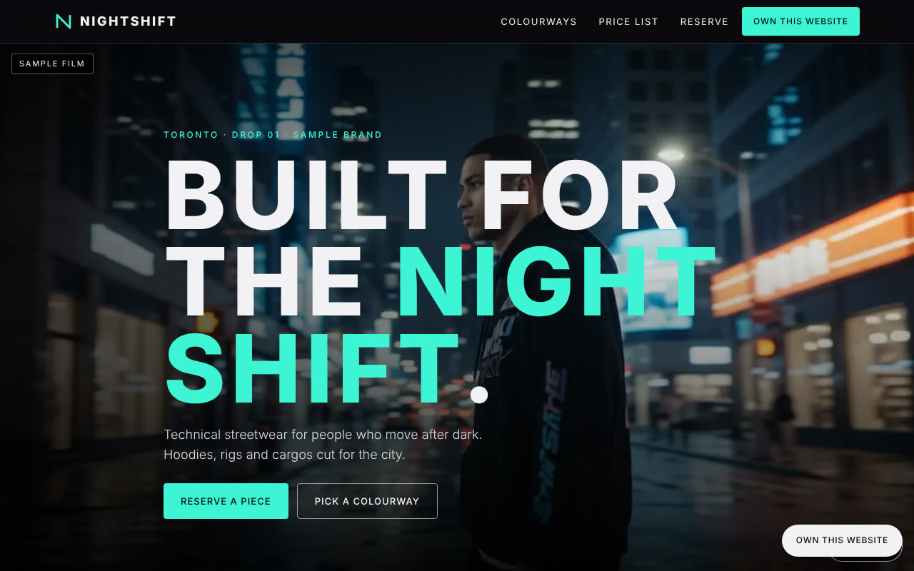 Nightshift Supply streetwear site with a night-city film hero