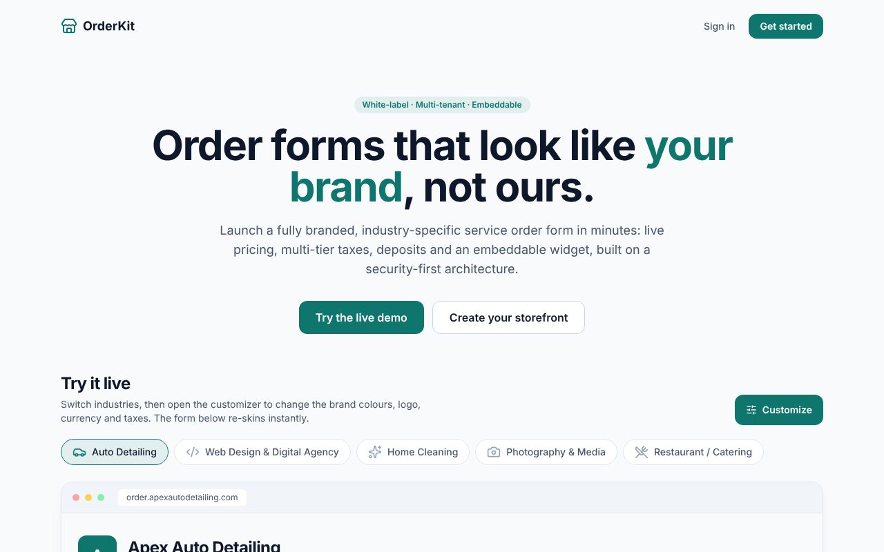 OrderKit landing page: a headline about order forms that look like your brand, with industry presets and a live order form below