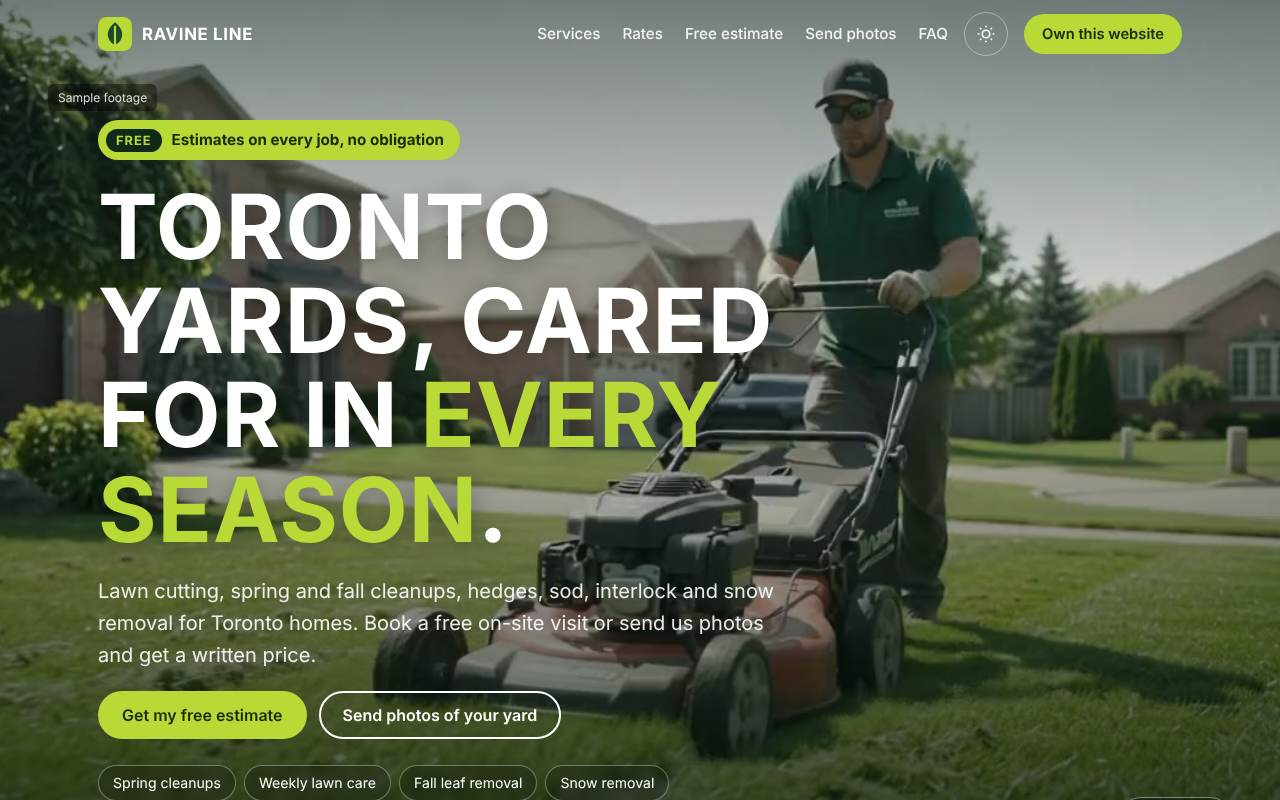 Ravine Line Landscaping site with a full-screen film of a landscaper cleaning up a Toronto front yard and a free estimates badge