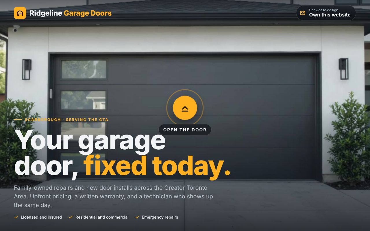Ridgeline Garage Doors site with a charcoal garage door and an Open the door button