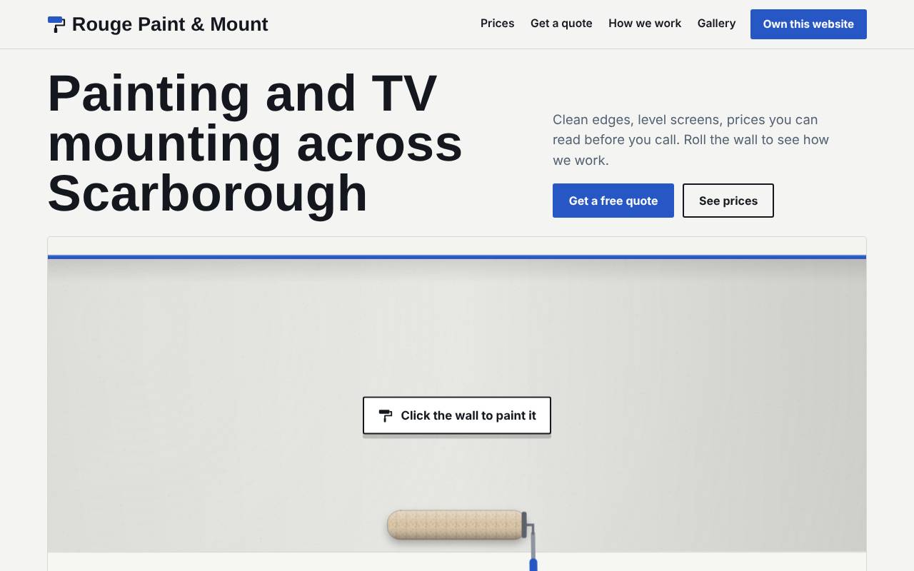 Rouge Paint and Mount site with a blank wall and a paint roller