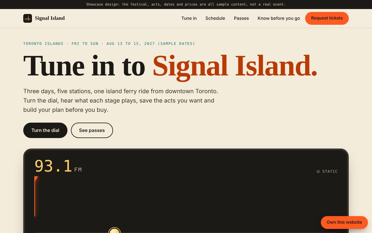 Signal Island music festival site with a drawn radio dial and five station chips